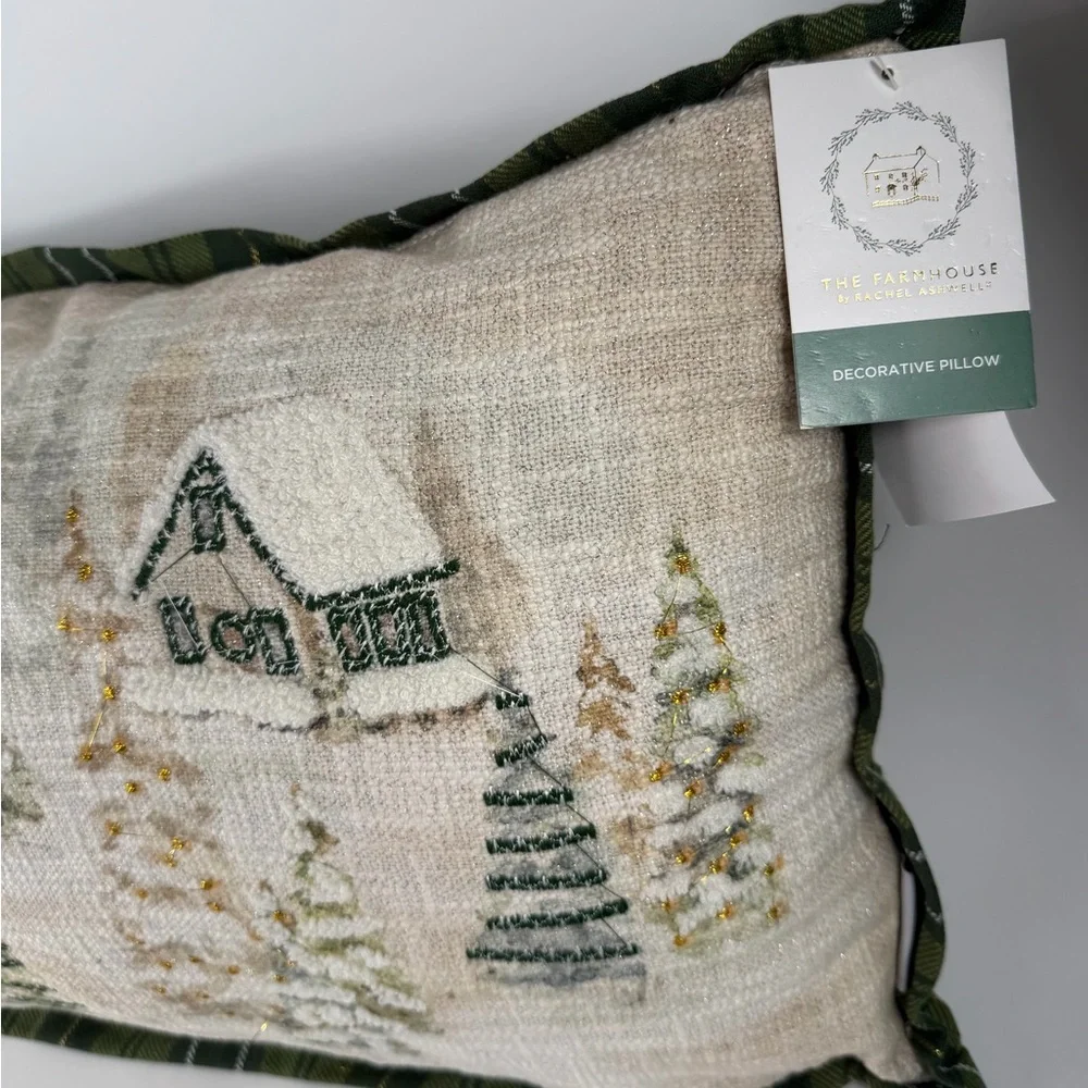 Rachel Ashwell Snowy Village Scene Green Plaid Trim Decorative Pillow  Charming